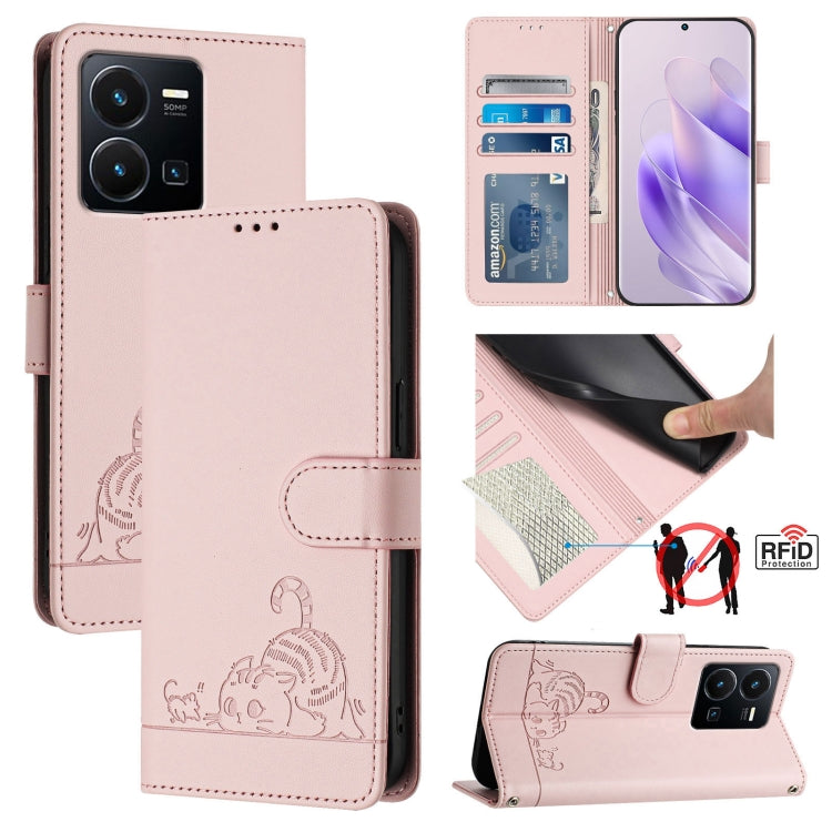 Cat Rat Embossed Pattern RFID Leather Phone Case with Lanyard, For vivo Y30 4G Global, For vivo Y19 / U3 / Y5S / Z5i / U20, For vivo Y17 / Y15 / Y12 / Y11, For vivo Y35 4G Global, For vivo Y27 4G 2023 Global, For vivo Y22 4G Global