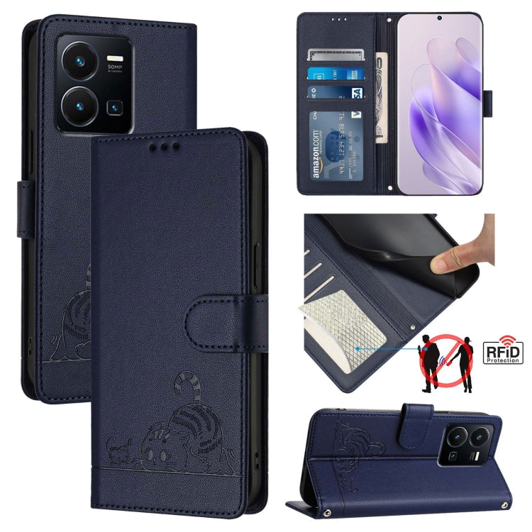 Cat Rat Embossed Pattern RFID Leather Phone Case with Lanyard, For vivo Y77 5G Global / Y77E 5G, For vivo Y55S 2023 5G, For vivo Y55 5G Global, For vivo Y75 5G Global, For vivo iQOO U5E 5G / Y30 5G, For vivo Y33E 5G, For vivo Y33S 4G Global            ...