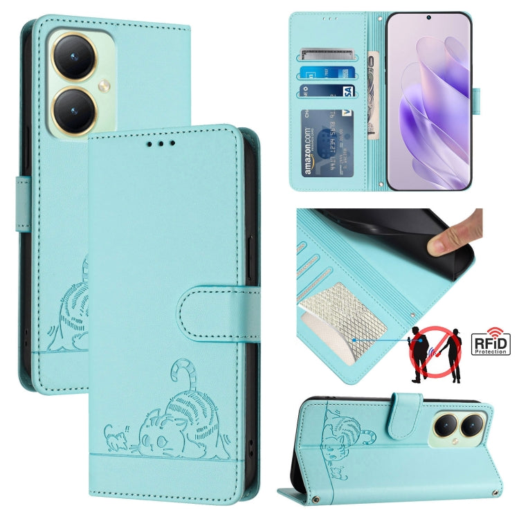 Cat Rat Embossed Pattern RFID Leather Phone Case with Lanyard, For vivo Y30 4G Global, For vivo Y19 / U3 / Y5S / Z5i / U20, For vivo Y17 / Y15 / Y12 / Y11, For vivo Y35 4G Global, For vivo Y27 4G 2023 Global, For vivo Y22 4G Global