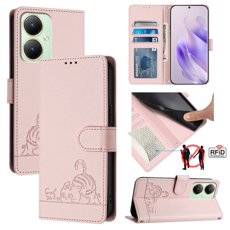 Cat Rat Embossed Pattern RFID Leather Phone Case with Lanyard, For vivo Y30 4G Global, For vivo Y19 / U3 / Y5S / Z5i / U20, For vivo Y17 / Y15 / Y12 / Y11, For vivo Y35 4G Global, For vivo Y27 4G 2023 Global, For vivo Y22 4G Global