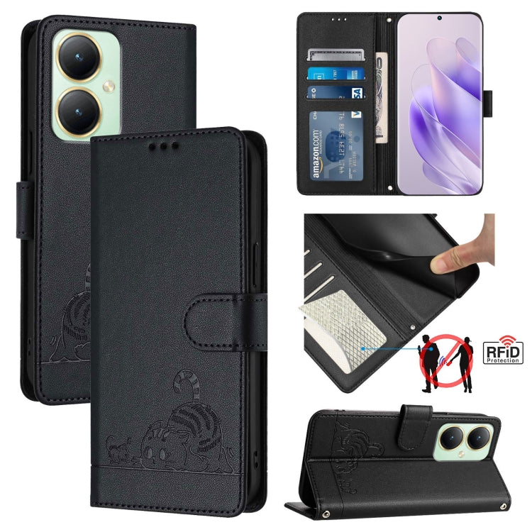 Cat Rat Embossed Pattern RFID Leather Phone Case with Lanyard, For vivo Y30 4G Global, For vivo Y19 / U3 / Y5S / Z5i / U20, For vivo Y17 / Y15 / Y12 / Y11, For vivo Y35 4G Global, For vivo Y27 4G 2023 Global, For vivo Y22 4G Global