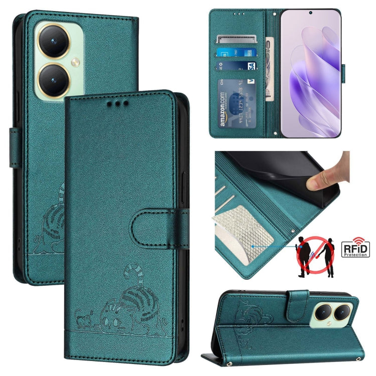 Cat Rat Embossed Pattern RFID Leather Phone Case with Lanyard, For vivo Y30 4G Global, For vivo Y19 / U3 / Y5S / Z5i / U20, For vivo Y17 / Y15 / Y12 / Y11, For vivo Y35 4G Global, For vivo Y27 4G 2023 Global, For vivo Y22 4G Global