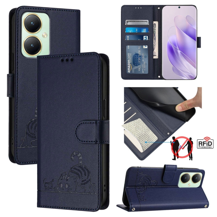 Cat Rat Embossed Pattern RFID Leather Phone Case with Lanyard, For vivo Y30 4G Global, For vivo Y19 / U3 / Y5S / Z5i / U20, For vivo Y17 / Y15 / Y12 / Y11, For vivo Y35 4G Global, For vivo Y27 4G 2023 Global, For vivo Y22 4G Global
