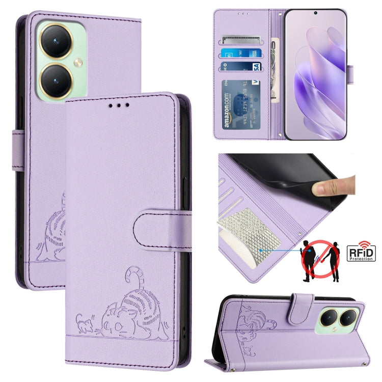 Cat Rat Embossed Pattern RFID Leather Phone Case with Lanyard, For vivo Y30 4G Global, For vivo Y19 / U3 / Y5S / Z5i / U20, For vivo Y17 / Y15 / Y12 / Y11, For vivo Y35 4G Global, For vivo Y27 4G 2023 Global, For vivo Y22 4G Global