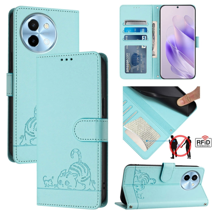 Cat Rat Embossed Pattern RFID Leather Phone Case with Lanyard, For vivo Y300 Pro, For vivo iQOO Z9s Pro 5G India, For vivo S19 Pro, For vivo S19, For vivo Y28 4G, For vivo Y38 5G, For vivo Y20 / Y20i / Y20S / Y11S, For vivo Y12S / iQOO U1x