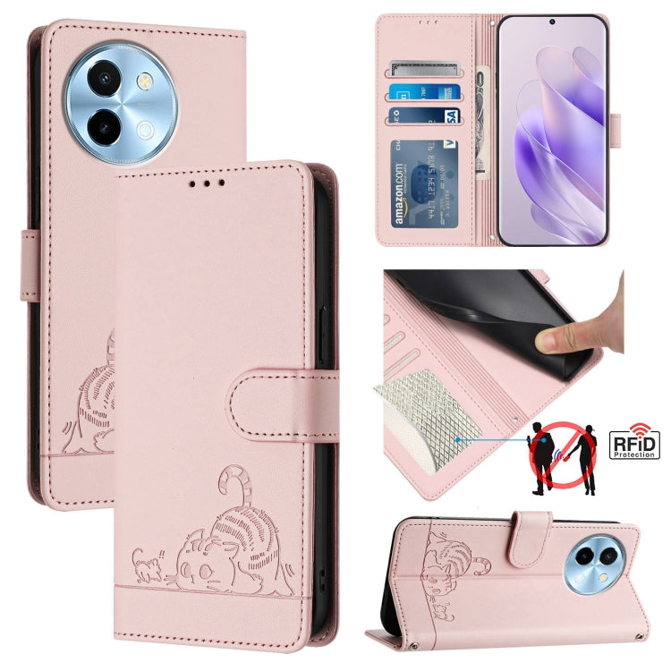 Cat Rat Embossed Pattern RFID Leather Phone Case with Lanyard, For vivo Y300 Pro, For vivo iQOO Z9s Pro 5G India, For vivo S19 Pro, For vivo S19, For vivo Y28 4G, For vivo Y38 5G, For vivo Y20 / Y20i / Y20S / Y11S, For vivo Y12S / iQOO U1x