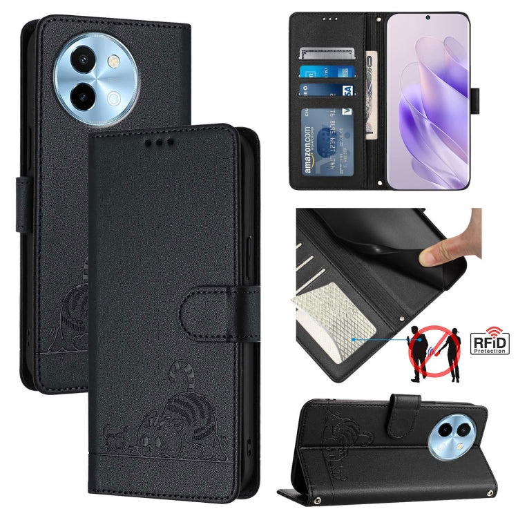 Cat Rat Embossed Pattern RFID Leather Phone Case with Lanyard, For vivo Y300 Pro, For vivo iQOO Z9s Pro 5G India, For vivo S19 Pro, For vivo S19, For vivo Y28 4G, For vivo Y38 5G, For vivo Y20 / Y20i / Y20S / Y11S, For vivo Y12S / iQOO U1x