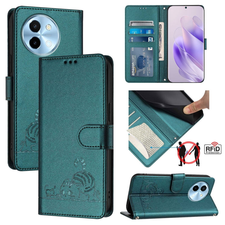 Cat Rat Embossed Pattern RFID Leather Phone Case with Lanyard, For vivo Y300 Pro, For vivo iQOO Z9s Pro 5G India, For vivo S19 Pro, For vivo S19, For vivo Y28 4G, For vivo Y38 5G, For vivo Y20 / Y20i / Y20S / Y11S, For vivo Y12S / iQOO U1x