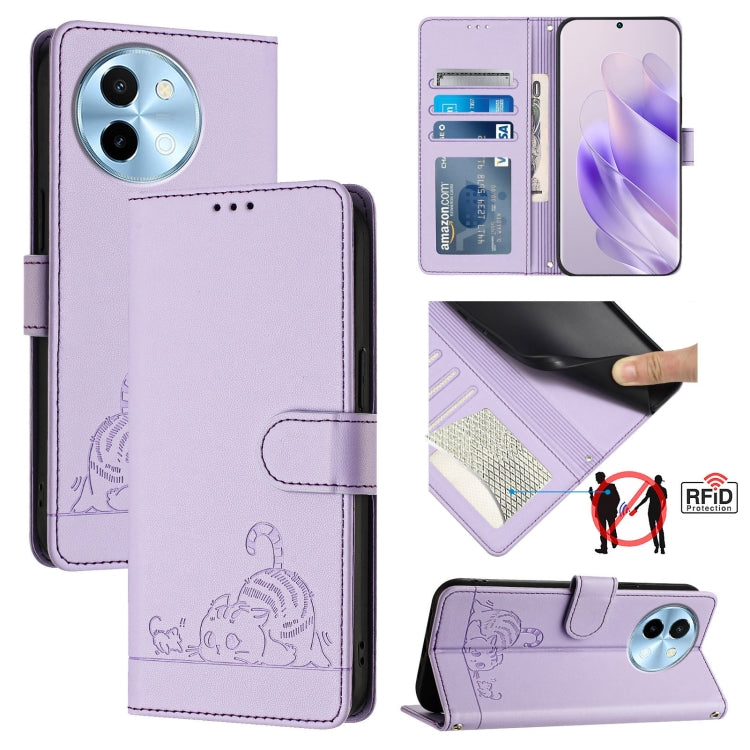 Cat Rat Embossed Pattern RFID Leather Phone Case with Lanyard, For vivo Y300 Pro, For vivo iQOO Z9s Pro 5G India, For vivo S19 Pro, For vivo S19, For vivo Y28 4G, For vivo Y38 5G, For vivo Y20 / Y20i / Y20S / Y11S, For vivo Y12S / iQOO U1x
