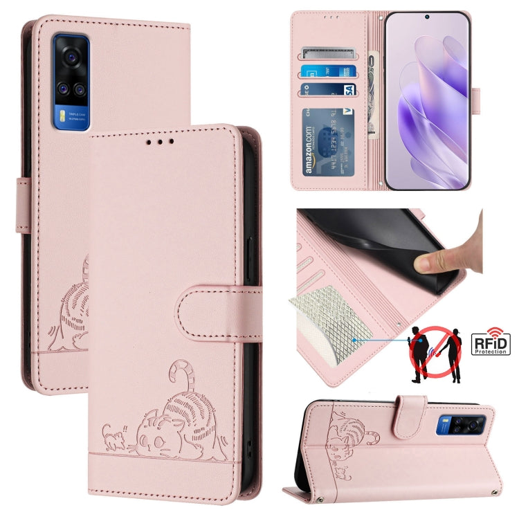 Cat Rat Embossed Pattern RFID Leather Phone Case with Lanyard, For vivo Y76 5G, For vivo Y51 2020 India, For vivo Y31 4G 2021 India, For vivo Y53S 4G / Y51A 2021, For vivo Y33 4G 2021, For vivo Y52S 5G / iQOO U3, For vivo Y31S 5G / Y72 5G India        ...