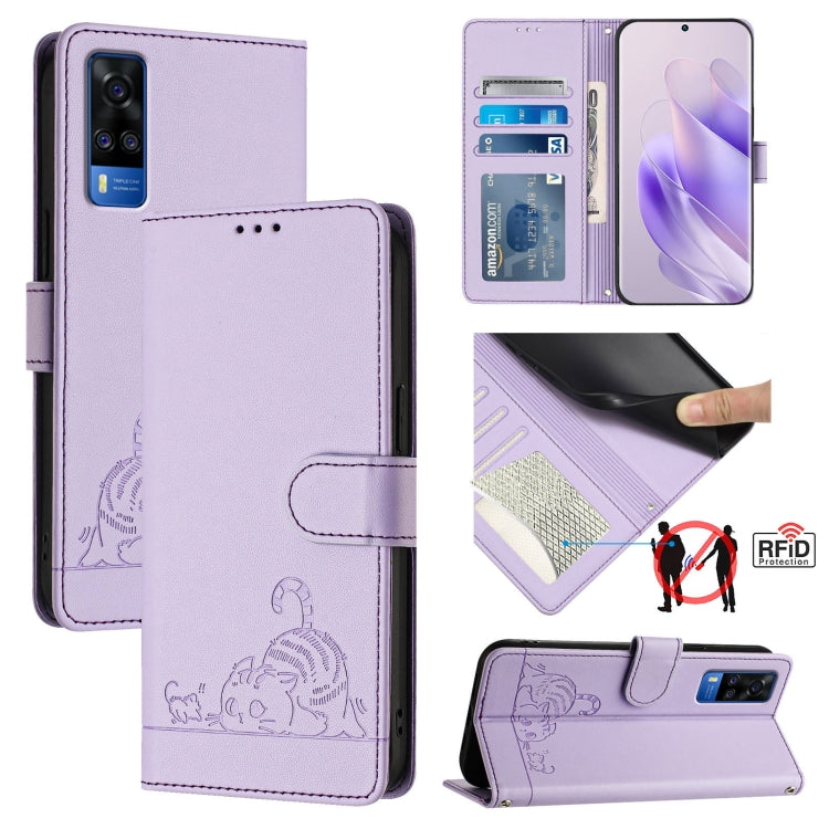Cat Rat Embossed Pattern RFID Leather Phone Case with Lanyard, For vivo Y76 5G, For vivo Y51 2020 India, For vivo Y31 4G 2021 India, For vivo Y53S 4G / Y51A 2021, For vivo Y33 4G 2021, For vivo Y52S 5G / iQOO U3, For vivo Y31S 5G / Y72 5G India        ...