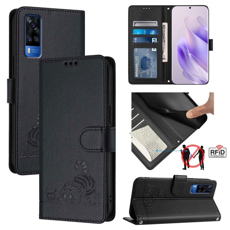 Cat Rat Embossed Pattern RFID Leather Phone Case with Lanyard, For vivo Y76 5G, For vivo Y51 2020 India, For vivo Y31 4G 2021 India, For vivo Y53S 4G / Y51A 2021, For vivo Y33 4G 2021, For vivo Y52S 5G / iQOO U3, For vivo Y31S 5G / Y72 5G India        ...