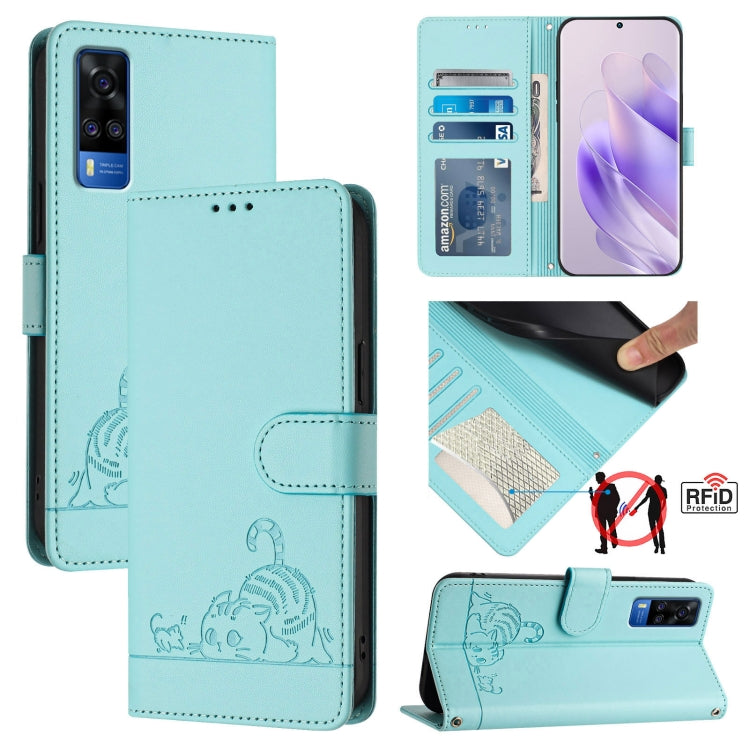 Cat Rat Embossed Pattern RFID Leather Phone Case with Lanyard, For vivo Y76 5G, For vivo Y51 2020 India, For vivo Y31 4G 2021 India, For vivo Y53S 4G / Y51A 2021, For vivo Y33 4G 2021, For vivo Y52S 5G / iQOO U3, For vivo Y31S 5G / Y72 5G India        ...