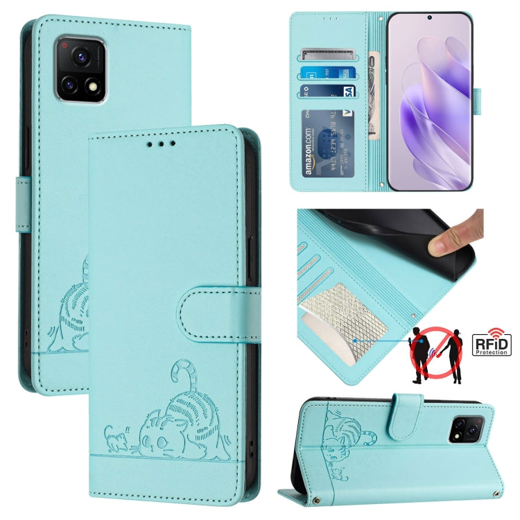 Cat Rat Embossed Pattern RFID Leather Phone Case with Lanyard, For vivo Y76 5G, For vivo Y51 2020 India, For vivo Y31 4G 2021 India, For vivo Y53S 4G / Y51A 2021, For vivo Y33 4G 2021, For vivo Y52S 5G / iQOO U3, For vivo Y31S 5G / Y72 5G India        ...