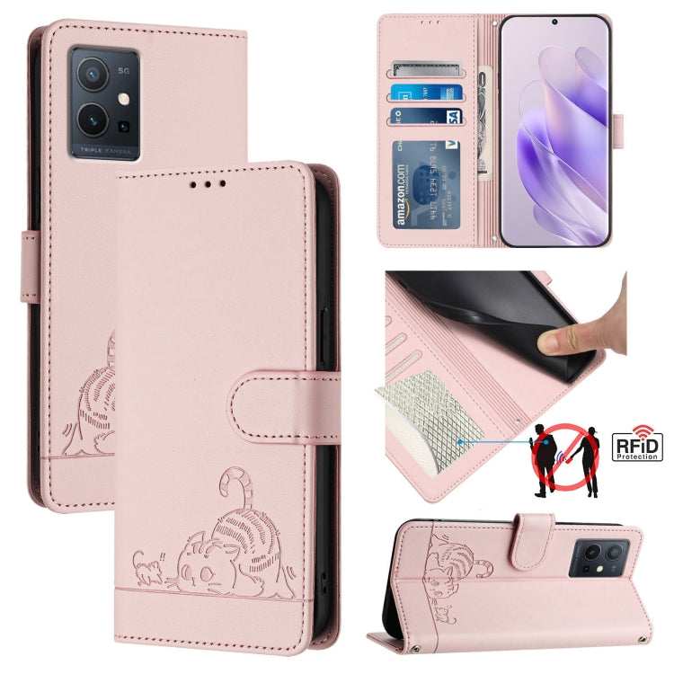 Cat Rat Embossed Pattern RFID Leather Phone Case with Lanyard, For vivo Y77 5G Global / Y77E 5G, For vivo Y55S 2023 5G, For vivo Y55 5G Global, For vivo Y75 5G Global, For vivo iQOO U5E 5G / Y30 5G, For vivo Y33E 5G, For vivo Y33S 4G Global            ...