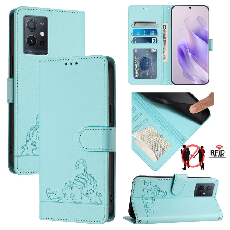 Cat Rat Embossed Pattern RFID Leather Phone Case with Lanyard, For vivo Y77 5G Global / Y77E 5G, For vivo Y55S 2023 5G, For vivo Y55 5G Global, For vivo Y75 5G Global, For vivo iQOO U5E 5G / Y30 5G, For vivo Y33E 5G, For vivo Y33S 4G Global            ...