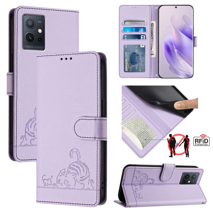Cat Rat Embossed Pattern RFID Leather Phone Case with Lanyard, For vivo Y77 5G Global / Y77E 5G, For vivo Y55S 2023 5G, For vivo Y55 5G Global, For vivo Y75 5G Global, For vivo iQOO U5E 5G / Y30 5G, For vivo Y33E 5G, For vivo Y33S 4G Global            ...