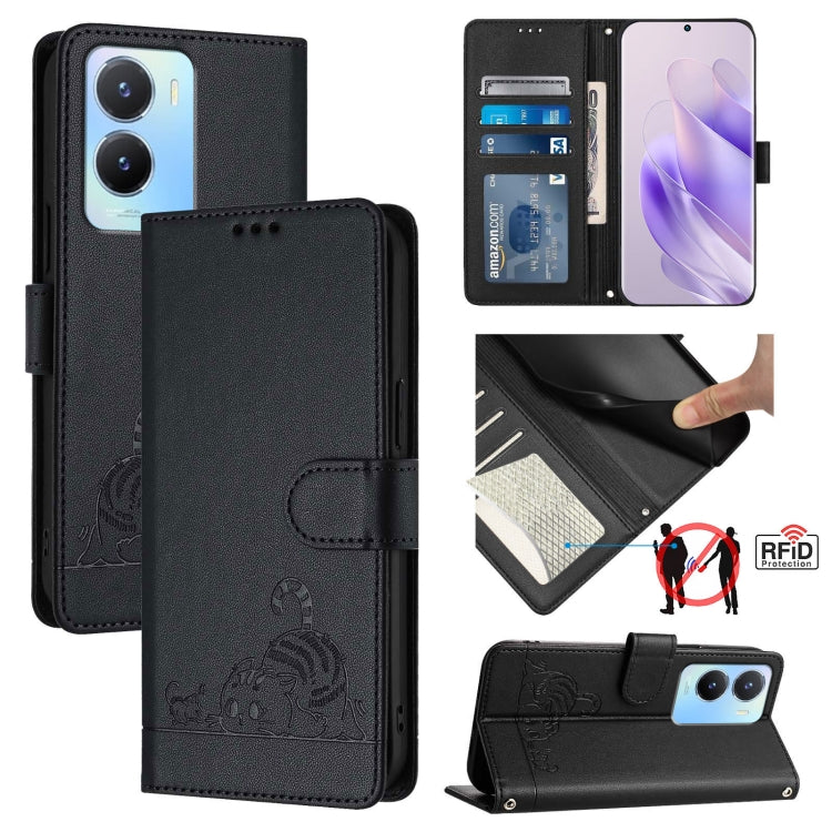 Cat Rat Embossed Pattern RFID Leather Phone Case with Lanyard, For vivo Y11 2023 / Y02T, For vivo Y36 4G India, For vivo Y36 5G Global, For vivo Y36 4G Global, For vivo Y78+ 5G Global, For vivo Y78 5G Global / V29 Lite, For vivo Y56 5G Global          ...