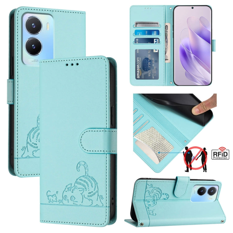 Cat Rat Embossed Pattern RFID Leather Phone Case with Lanyard, For vivo Y02S 4G Global, For vivo Y100 5G Global, For vivo V27 5G Global, For vivo V27 Pro 5G Global, For vivo V27E 4G Global, For vivo T2 4G Global, For vivo Y72 5G / iQOO Z3 / Y52 5G     ...