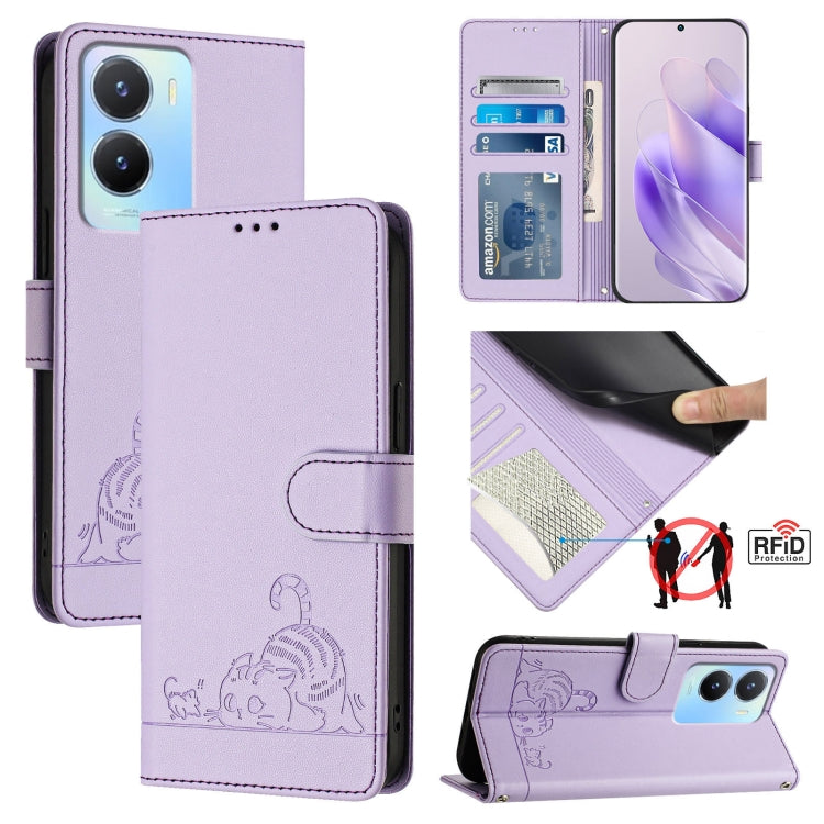 Cat Rat Embossed Pattern RFID Leather Phone Case with Lanyard, For vivo Y02S 4G Global, For vivo Y100 5G Global, For vivo V27 5G Global, For vivo V27 Pro 5G Global, For vivo V27E 4G Global, For vivo T2 4G Global, For vivo Y72 5G / iQOO Z3 / Y52 5G     ...