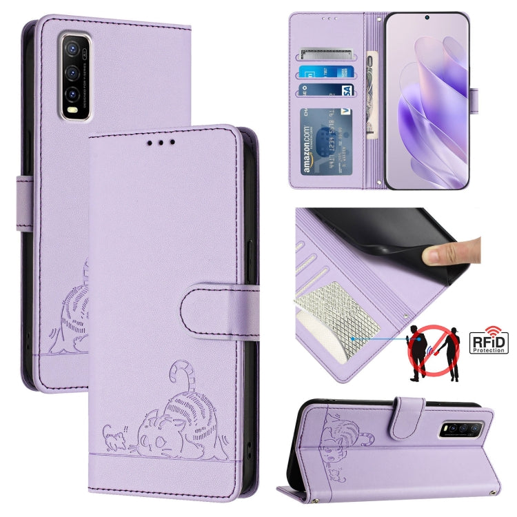 Cat Rat Embossed Pattern RFID Leather Phone Case with Lanyard, For vivo Y76 5G, For vivo Y51 2020 India, For vivo Y31 4G 2021 India, For vivo Y53S 4G / Y51A 2021, For vivo Y33 4G 2021, For vivo Y52S 5G / iQOO U3, For vivo Y31S 5G / Y72 5G India        ...
