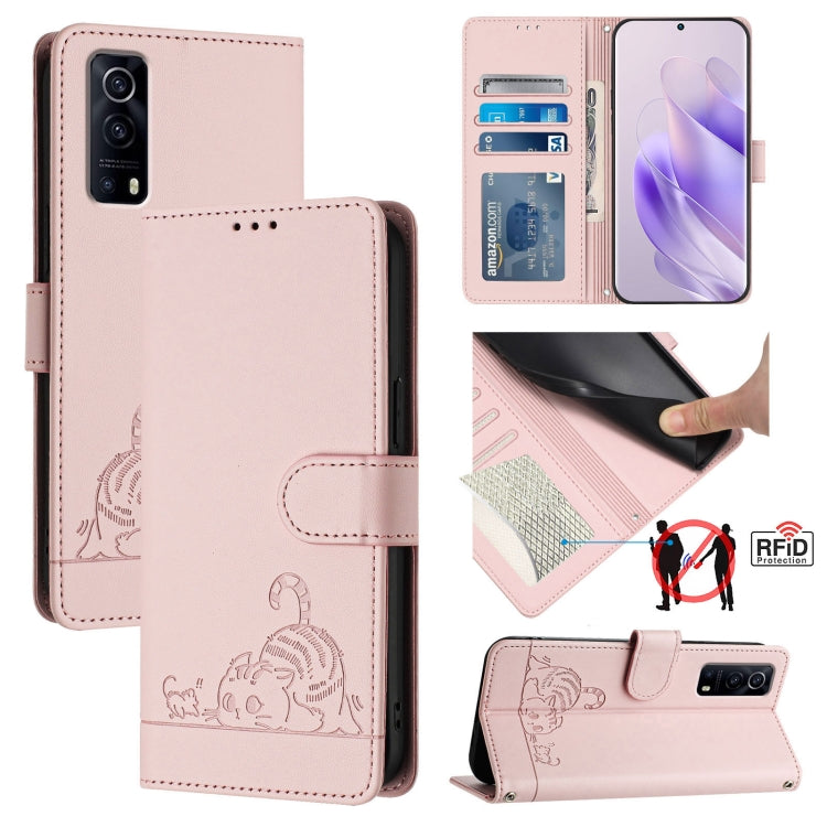 Cat Rat Embossed Pattern RFID Leather Phone Case with Lanyard, For vivo Y02S 4G Global, For vivo Y100 5G Global, For vivo V27 5G Global, For vivo V27 Pro 5G Global, For vivo V27E 4G Global, For vivo T2 4G Global, For vivo Y72 5G / iQOO Z3 / Y52 5G     ...