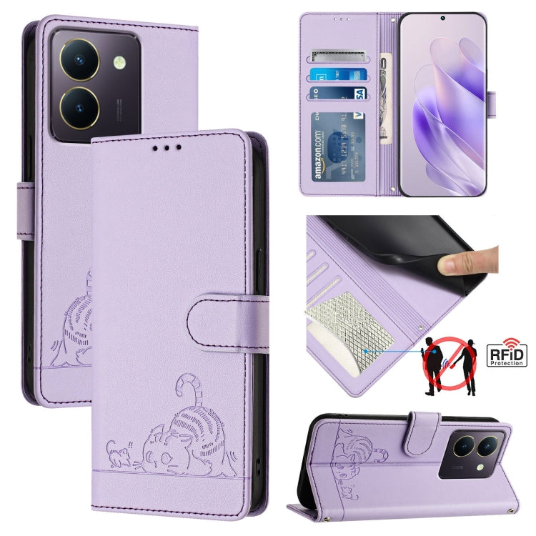 Cat Rat Embossed Pattern RFID Leather Phone Case with Lanyard, For vivo V30 Lite 5G Global, For vivo X100 Pro 5G, For vivo X100, For vivo Y27S 4G Global, For vivo V29 5G Global / V29 Pro, For vivo Y17S 4G Global, For vivo Y17S 5G India                 ...