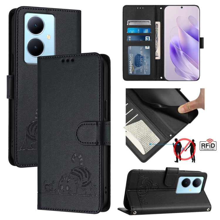 Cat Rat Embossed Pattern RFID Leather Phone Case with Lanyard, For vivo Y11 2023 / Y02T, For vivo Y36 4G India, For vivo Y36 5G Global, For vivo Y36 4G Global, For vivo Y78+ 5G Global, For vivo Y78 5G Global / V29 Lite, For vivo Y56 5G Global          ...