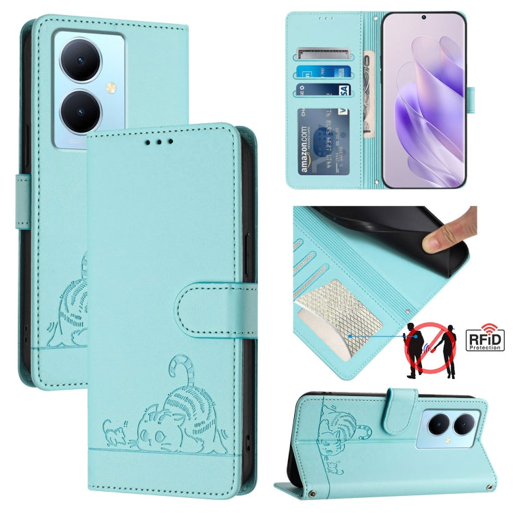 Cat Rat Embossed Pattern RFID Leather Phone Case with Lanyard, For vivo Y11 2023 / Y02T, For vivo Y36 4G India, For vivo Y36 5G Global, For vivo Y36 4G Global, For vivo Y78+ 5G Global, For vivo Y78 5G Global / V29 Lite, For vivo Y56 5G Global          ...