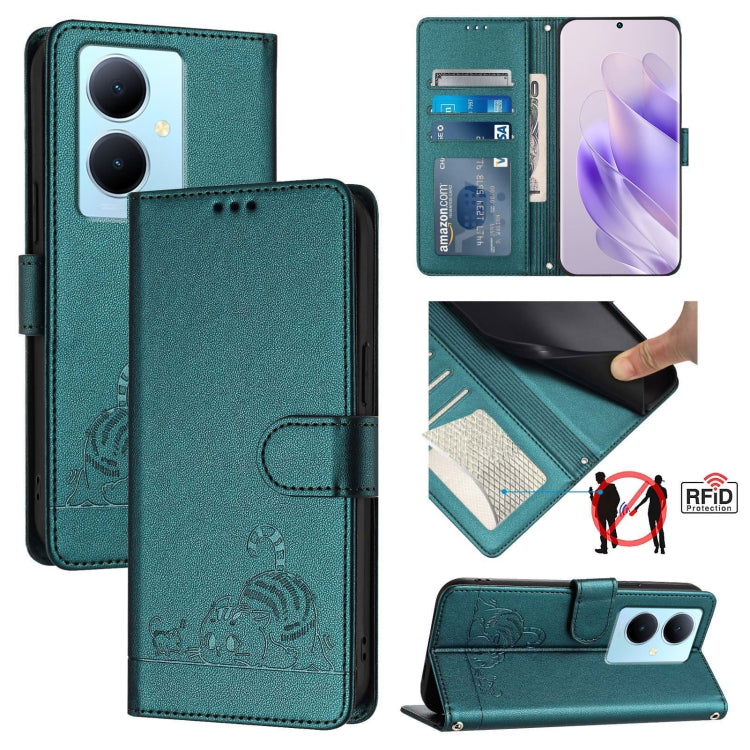 Cat Rat Embossed Pattern RFID Leather Phone Case with Lanyard, For vivo Y11 2023 / Y02T, For vivo Y36 4G India, For vivo Y36 5G Global, For vivo Y36 4G Global, For vivo Y78+ 5G Global, For vivo Y78 5G Global / V29 Lite, For vivo Y56 5G Global          ...