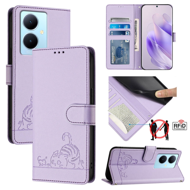 Cat Rat Embossed Pattern RFID Leather Phone Case with Lanyard, For vivo Y11 2023 / Y02T, For vivo Y36 4G India, For vivo Y36 5G Global, For vivo Y36 4G Global, For vivo Y78+ 5G Global, For vivo Y78 5G Global / V29 Lite, For vivo Y56 5G Global          ...