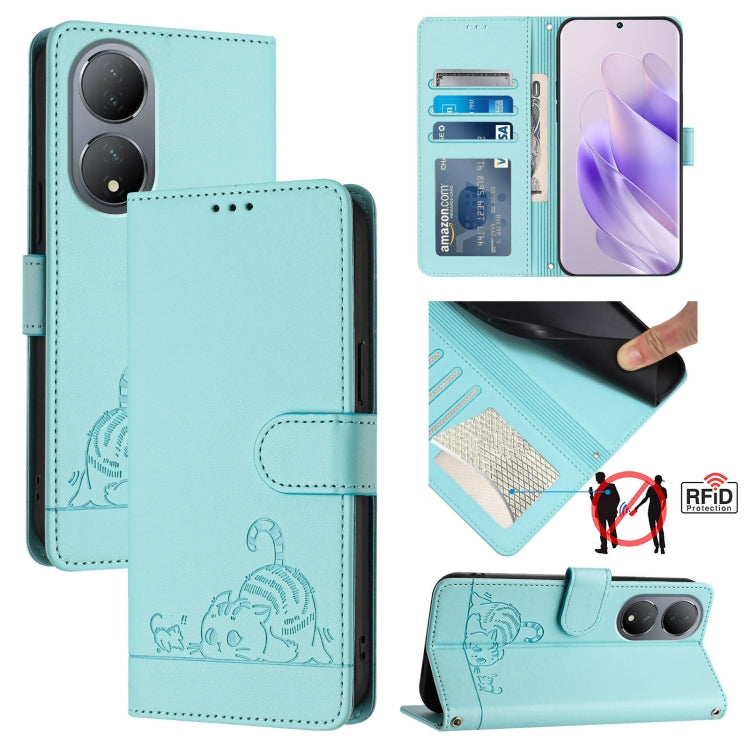 Cat Rat Embossed Pattern RFID Leather Phone Case with Lanyard, For vivo Y02S 4G Global, For vivo Y100 5G Global, For vivo V27 5G Global, For vivo V27 Pro 5G Global, For vivo V27E 4G Global, For vivo T2 4G Global, For vivo Y72 5G / iQOO Z3 / Y52 5G     ...
