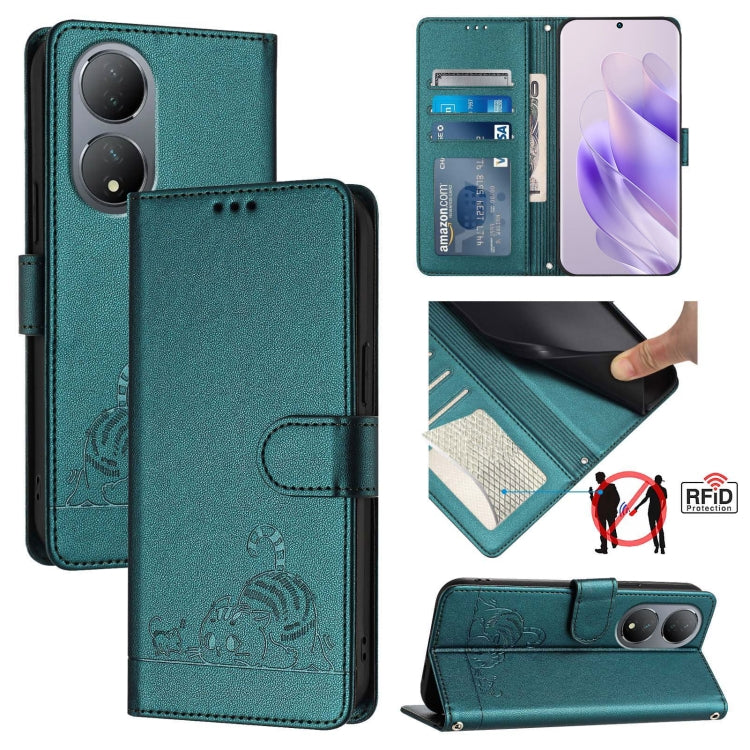 Cat Rat Embossed Pattern RFID Leather Phone Case with Lanyard, For vivo Y02S 4G Global, For vivo Y100 5G Global, For vivo V27 5G Global, For vivo V27 Pro 5G Global, For vivo V27E 4G Global, For vivo T2 4G Global, For vivo Y72 5G / iQOO Z3 / Y52 5G     ...
