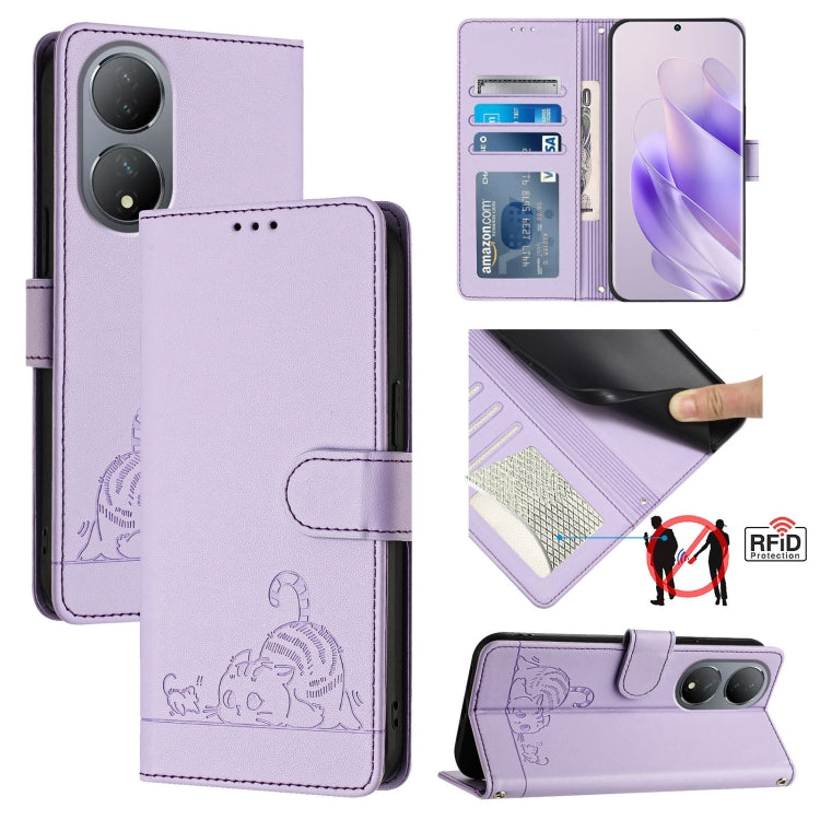 Cat Rat Embossed Pattern RFID Leather Phone Case with Lanyard, For vivo Y02S 4G Global, For vivo Y100 5G Global, For vivo V27 5G Global, For vivo V27 Pro 5G Global, For vivo V27E 4G Global, For vivo T2 4G Global, For vivo Y72 5G / iQOO Z3 / Y52 5G     ...