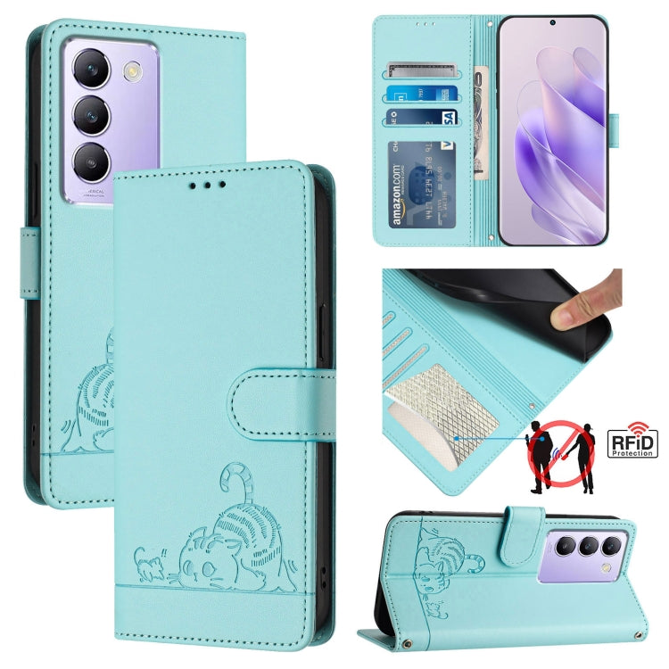 Cat Rat Embossed Pattern RFID Leather Phone Case with Lanyard, For vivo Y20A / Y20G / Y12A, For vivo Y03 4G Global, For vivo Y100 5G IDN, For vivo Y200E 5G Global, For vivo V30 5G Global, For vivo V30 Pro 5G Global, For vivo V29E 5G Global             ...