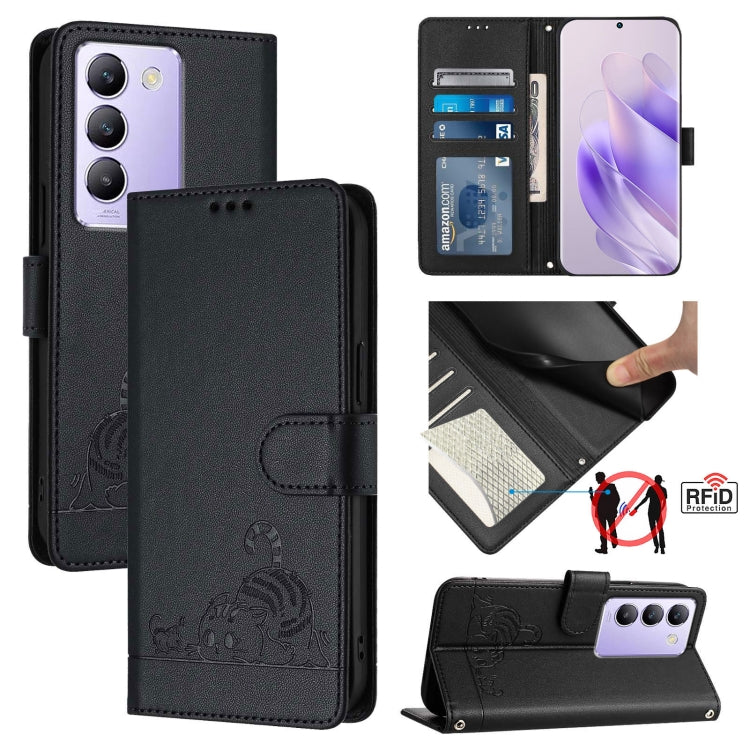 Cat Rat Embossed Pattern RFID Leather Phone Case with Lanyard, For vivo Y20A / Y20G / Y12A, For vivo Y03 4G Global, For vivo Y100 5G IDN, For vivo Y200E 5G Global, For vivo V30 5G Global, For vivo V30 Pro 5G Global, For vivo V29E 5G Global             ...