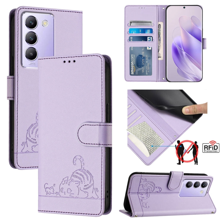 Cat Rat Embossed Pattern RFID Leather Phone Case with Lanyard, For vivo Y20A / Y20G / Y12A, For vivo Y03 4G Global, For vivo Y100 5G IDN, For vivo Y200E 5G Global, For vivo V30 5G Global, For vivo V30 Pro 5G Global, For vivo V29E 5G Global             ...