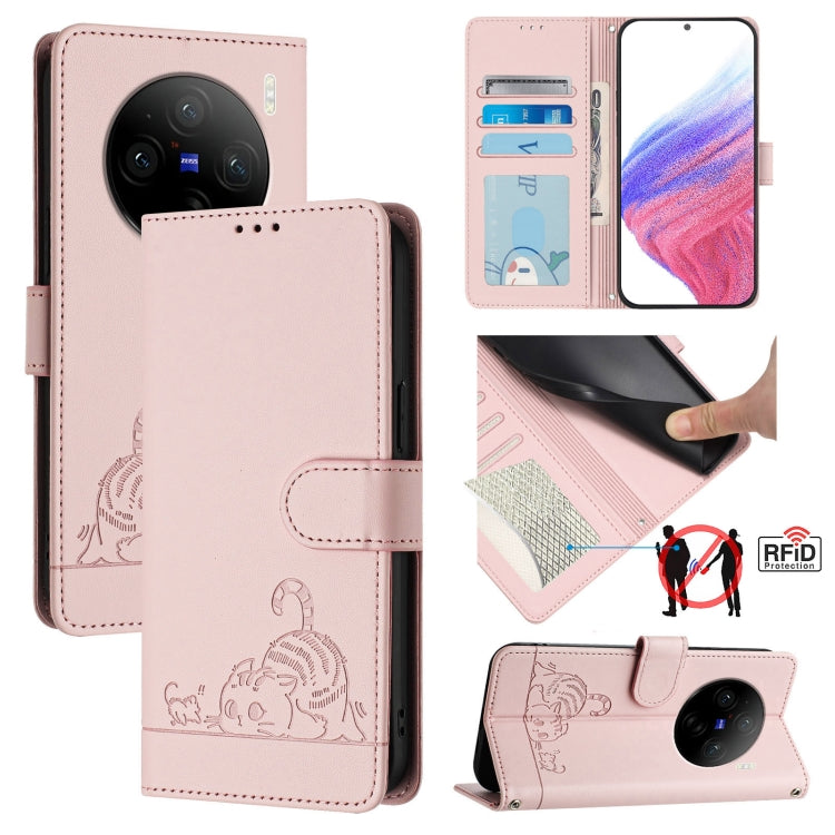 Cat Rat Embossed Pattern RFID Leather Phone Case with Lanyard, For vivo V30 Lite 5G Global, For vivo X100 Pro 5G, For vivo X100, For vivo Y27S 4G Global, For vivo V29 5G Global / V29 Pro, For vivo Y17S 4G Global, For vivo Y17S 5G India                 ...