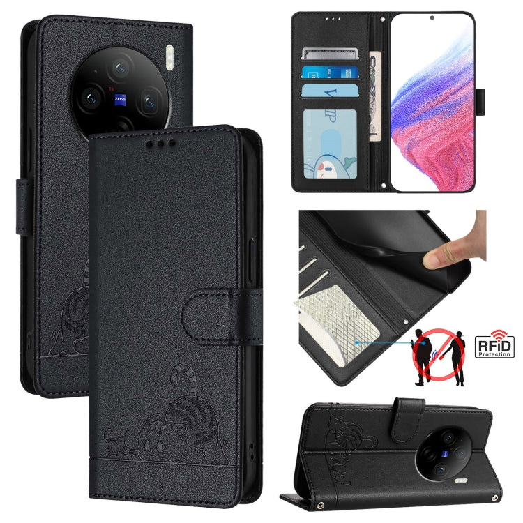 Cat Rat Embossed Pattern RFID Leather Phone Case with Lanyard, For vivo V30 Lite 5G Global, For vivo X100 Pro 5G, For vivo X100, For vivo Y27S 4G Global, For vivo V29 5G Global / V29 Pro, For vivo Y17S 4G Global, For vivo Y17S 5G India                 ...