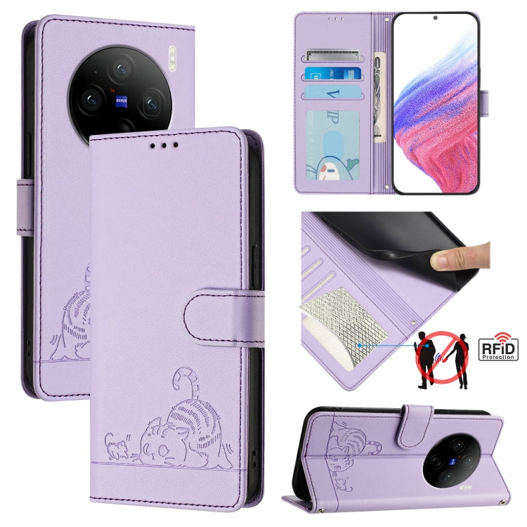 Cat Rat Embossed Pattern RFID Leather Phone Case with Lanyard, For vivo V30 Lite 5G Global, For vivo X100 Pro 5G, For vivo X100, For vivo Y27S 4G Global, For vivo V29 5G Global / V29 Pro, For vivo Y17S 4G Global, For vivo Y17S 5G India                 ...