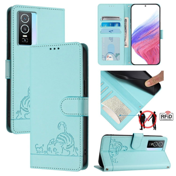Cat Rat Embossed Pattern RFID Leather Phone Case with Lanyard, For vivo Y76 5G, For vivo Y51 2020 India, For vivo Y31 4G 2021 India, For vivo Y53S 4G / Y51A 2021, For vivo Y33 4G 2021, For vivo Y52S 5G / iQOO U3, For vivo Y31S 5G / Y72 5G India        ...