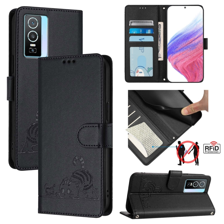 Cat Rat Embossed Pattern RFID Leather Phone Case with Lanyard, For vivo Y76 5G, For vivo Y51 2020 India, For vivo Y31 4G 2021 India, For vivo Y53S 4G / Y51A 2021, For vivo Y33 4G 2021, For vivo Y52S 5G / iQOO U3, For vivo Y31S 5G / Y72 5G India        ...