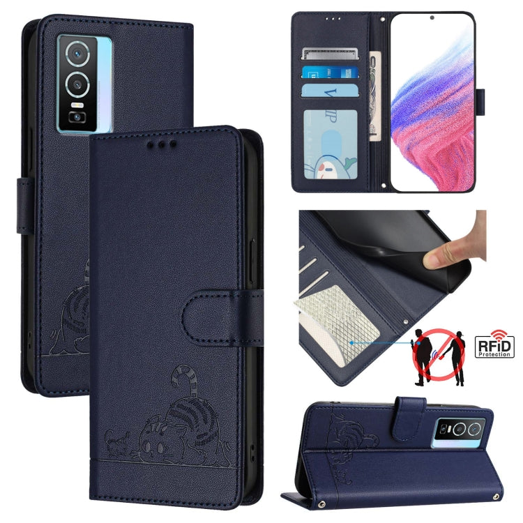 Cat Rat Embossed Pattern RFID Leather Phone Case with Lanyard, For vivo Y76 5G, For vivo Y51 2020 India, For vivo Y31 4G 2021 India, For vivo Y53S 4G / Y51A 2021, For vivo Y33 4G 2021, For vivo Y52S 5G / iQOO U3, For vivo Y31S 5G / Y72 5G India        ...