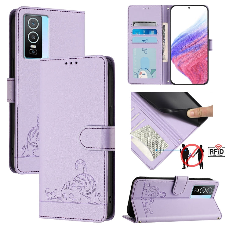 Cat Rat Embossed Pattern RFID Leather Phone Case with Lanyard, For vivo Y76 5G, For vivo Y51 2020 India, For vivo Y31 4G 2021 India, For vivo Y53S 4G / Y51A 2021, For vivo Y33 4G 2021, For vivo Y52S 5G / iQOO U3, For vivo Y31S 5G / Y72 5G India        ...