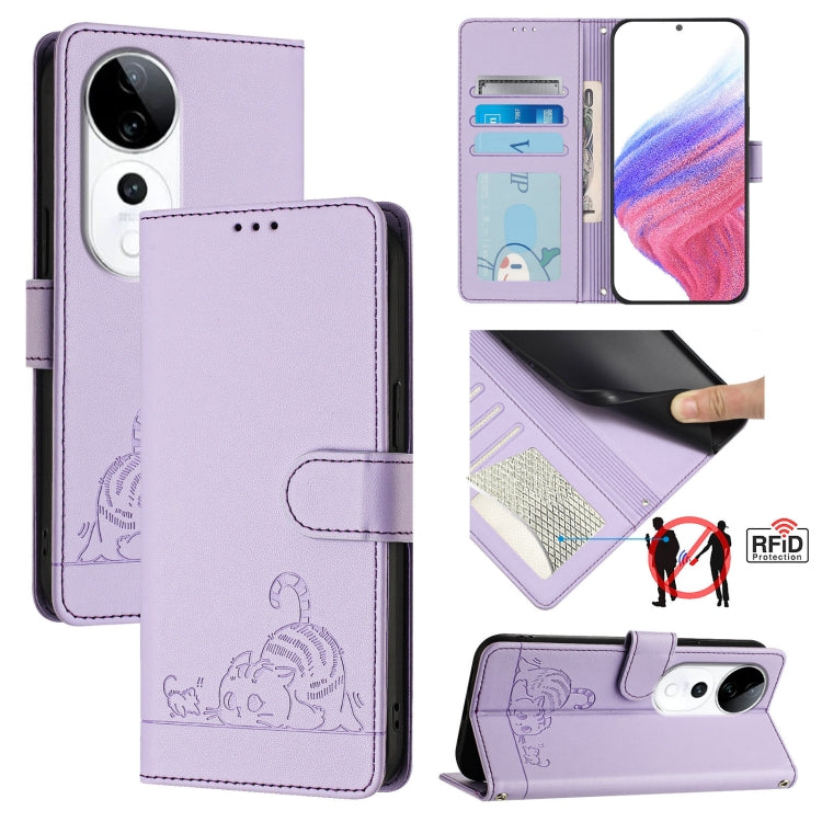 Cat Rat Embossed Pattern RFID Leather Phone Case with Lanyard, For vivo Y300 Pro, For vivo iQOO Z9s Pro 5G India, For vivo S19 Pro, For vivo S19, For vivo Y28 4G, For vivo Y38 5G, For vivo Y20 / Y20i / Y20S / Y11S, For vivo Y12S / iQOO U1x