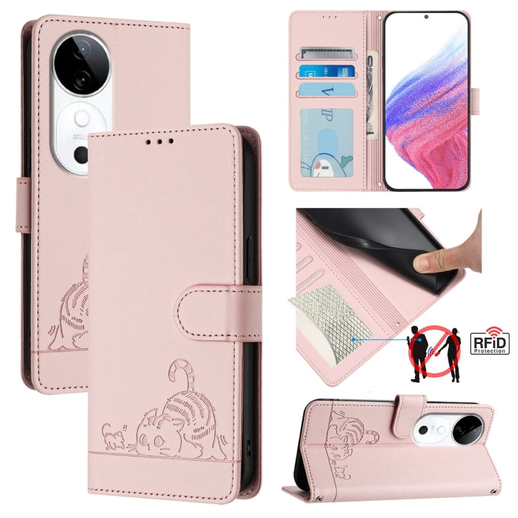 Cat Rat Embossed Pattern RFID Leather Phone Case with Lanyard, For vivo Y300 Pro, For vivo iQOO Z9s Pro 5G India, For vivo S19 Pro, For vivo S19, For vivo Y28 4G, For vivo Y38 5G, For vivo Y20 / Y20i / Y20S / Y11S, For vivo Y12S / iQOO U1x