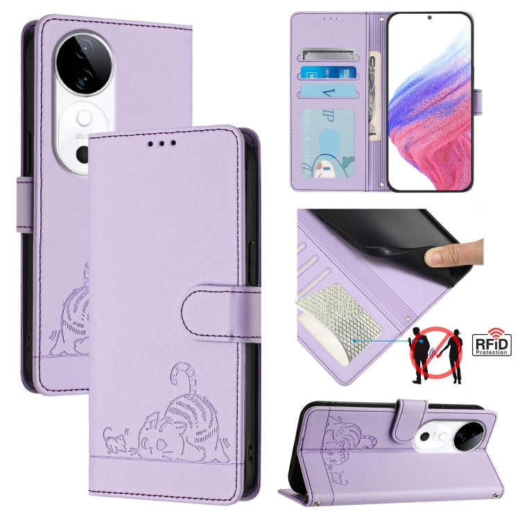 Cat Rat Embossed Pattern RFID Leather Phone Case with Lanyard, For vivo Y300 Pro, For vivo iQOO Z9s Pro 5G India, For vivo S19 Pro, For vivo S19, For vivo Y28 4G, For vivo Y38 5G, For vivo Y20 / Y20i / Y20S / Y11S, For vivo Y12S / iQOO U1x