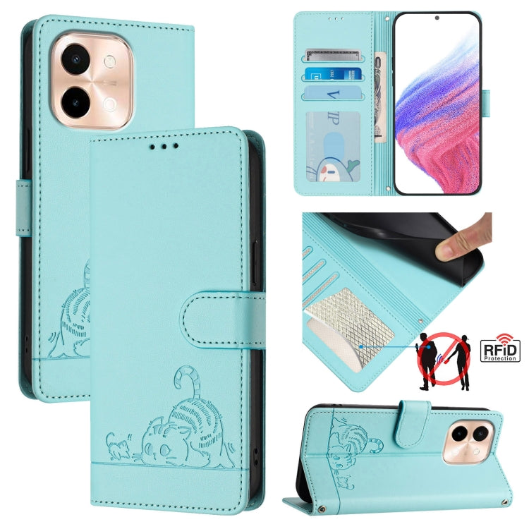 Cat Rat Embossed Pattern RFID Leather Phone Case with Lanyard, For vivo Y300 Pro, For vivo iQOO Z9s Pro 5G India, For vivo S19 Pro, For vivo S19, For vivo Y28 4G, For vivo Y38 5G, For vivo Y20 / Y20i / Y20S / Y11S, For vivo Y12S / iQOO U1x