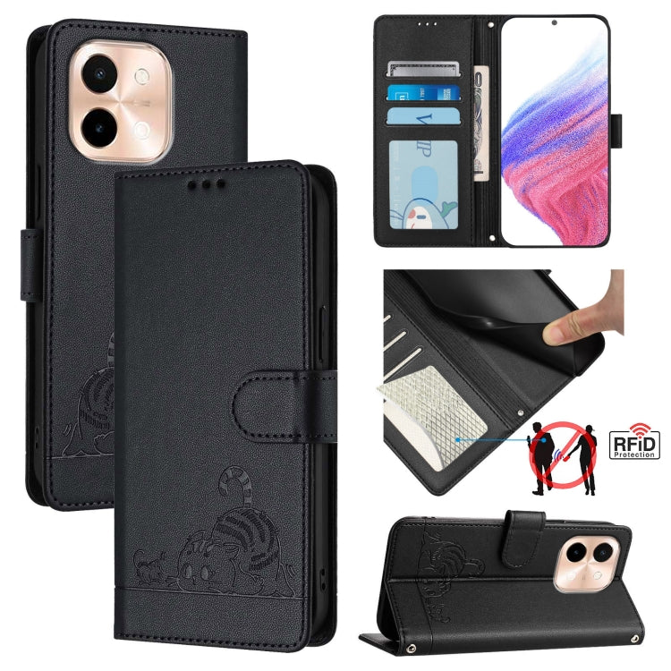 Cat Rat Embossed Pattern RFID Leather Phone Case with Lanyard, For vivo Y300 Pro, For vivo iQOO Z9s Pro 5G India, For vivo S19 Pro, For vivo S19, For vivo Y28 4G, For vivo Y38 5G, For vivo Y20 / Y20i / Y20S / Y11S, For vivo Y12S / iQOO U1x