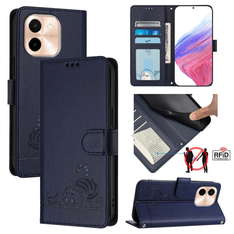 Cat Rat Embossed Pattern RFID Leather Phone Case with Lanyard, For vivo Y300 Pro, For vivo iQOO Z9s Pro 5G India, For vivo S19 Pro, For vivo S19, For vivo Y28 4G, For vivo Y38 5G, For vivo Y20 / Y20i / Y20S / Y11S, For vivo Y12S / iQOO U1x
